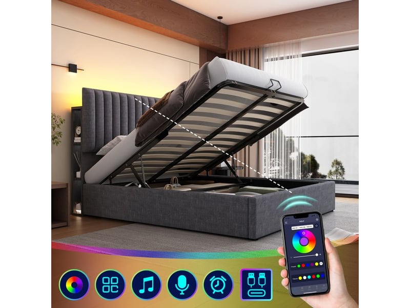  Lit double rembourré - 160x200 cm - gris - led contrôlées par application - rangement intégré  - Conforama B