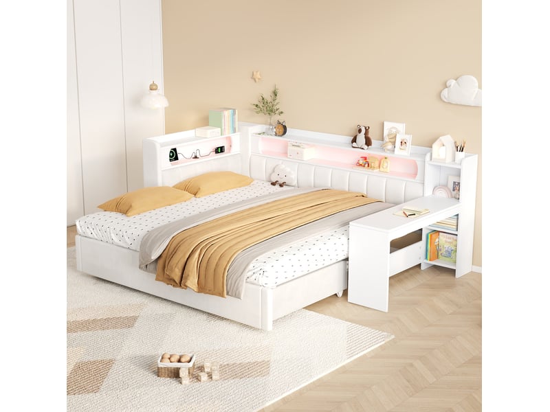  Lit jeune, lit gigogne enfant 90180x200 cm, led et bureau, coloris blanc  - Conforama B