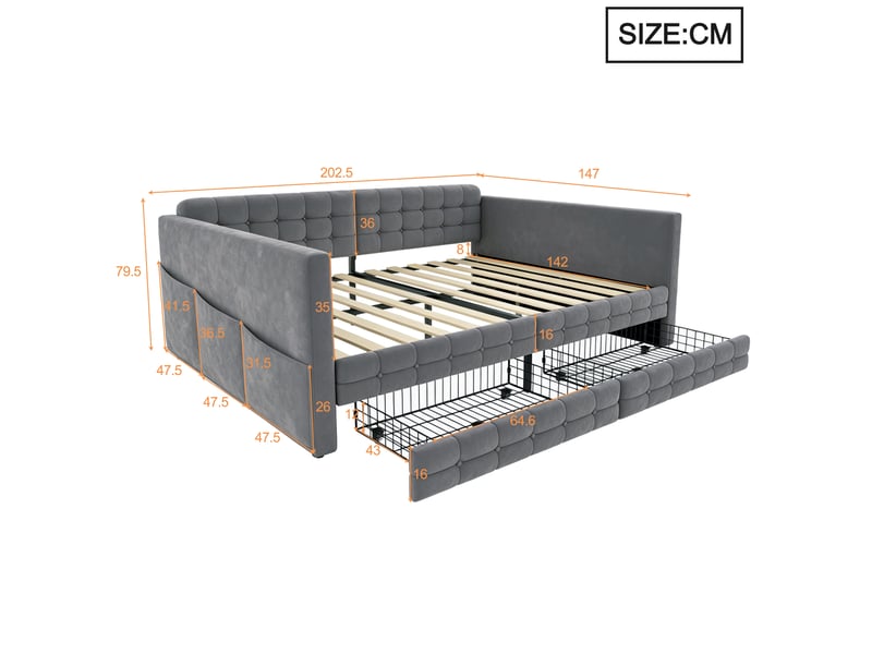  Lit banquette 140 × 190 cm, velours capitonné, 2 tiroirs, poches latérales, sommier à lattes, gris, avec rangement  - Conforama C