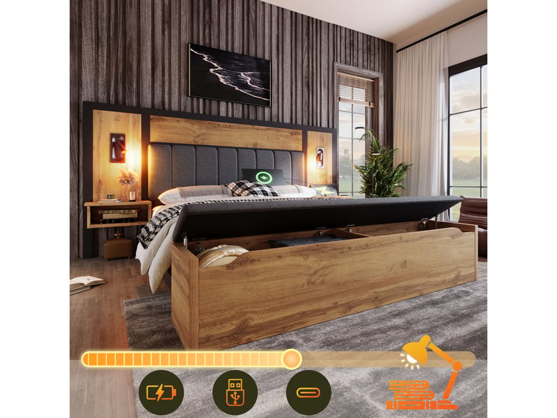 Lit double 160 × 200 cm avec chevets, liseuses usb-c et banc coffre, chêne IKSETERA TRADING LTD - Conforama B