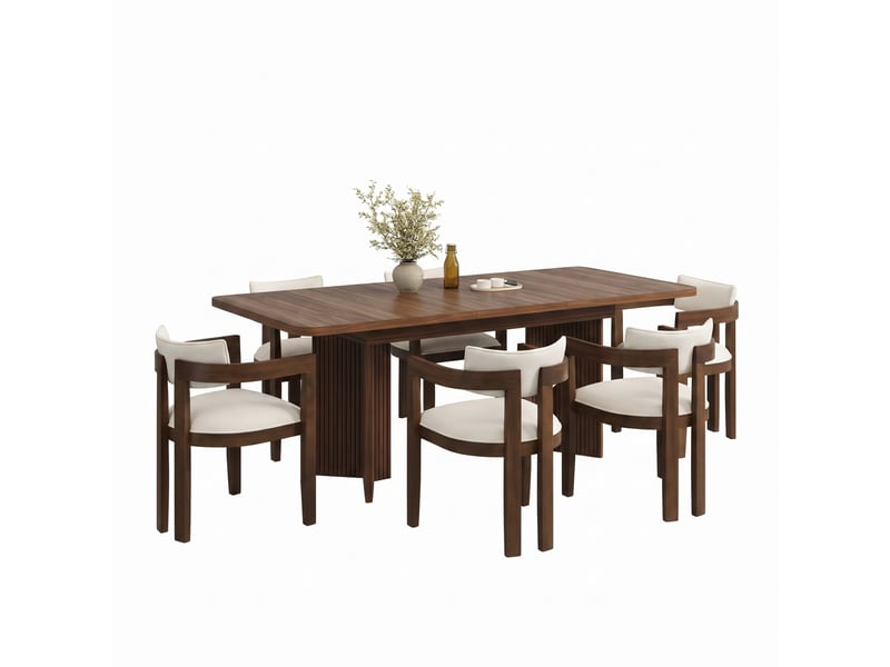  Ensemble table à manger rectangulaire extensible 120–160 cm, pieds en v + 6 chaises en bois massif, revêtues de tissu lin respirant  - Conforama A