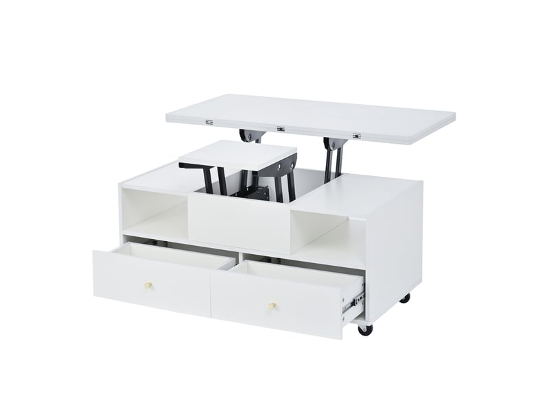  Table basse relevable avec 4 tiroirs et plateau rabattable, roulettes avec frein, salon, en mdf, blanc - uvrion  - Conforama A