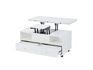 Table basse relevable avec 4 tiroirs et plateau rabattable, roulettes avec frein, salon, en mdf, blanc - uvrion