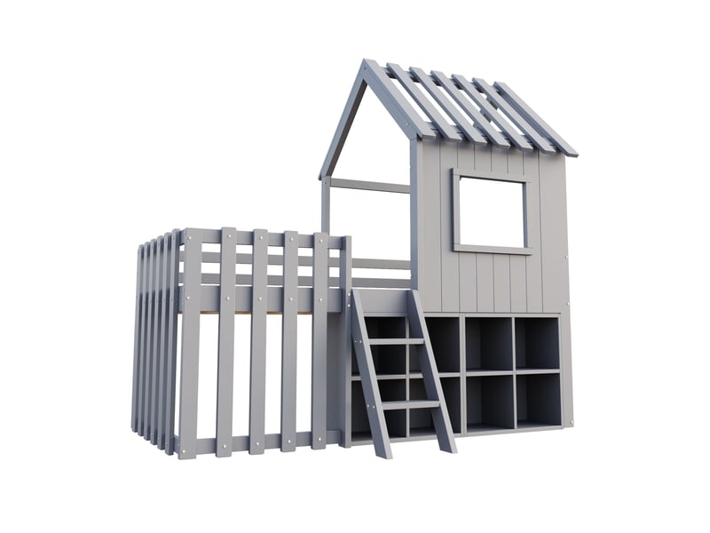  Lit avec rangement enfant 90x200 cm, étagère, toit, fenêtre, escalier, sommier, bois gris, sans matelas  - Conforama R