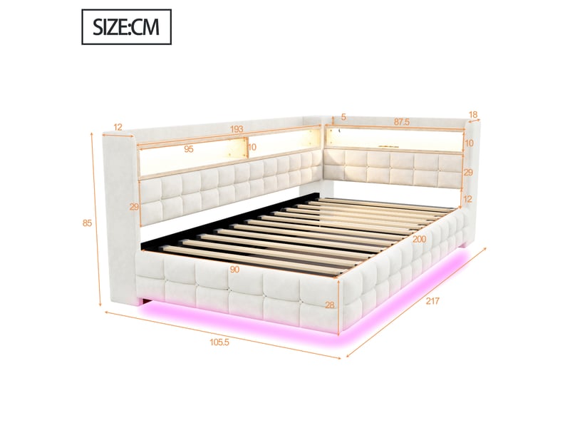 Lit coffre 90x200 cm - lit simple avec rangement hydraulique - tête de lit led, usb & type-c - étagères - beige - Conforama C
