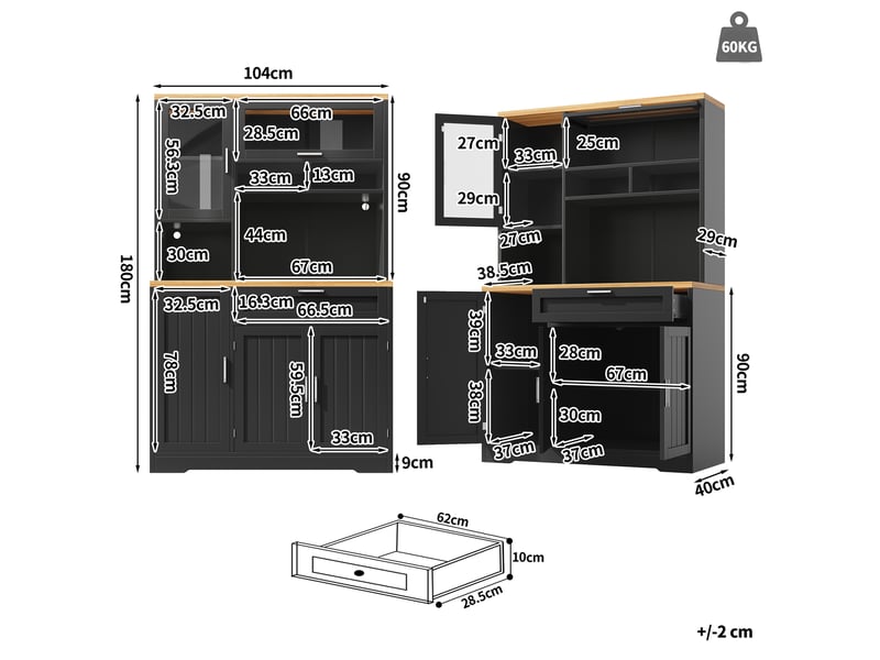 Buffet de cuisine -buffet haut led avec vitrine portes vitrées - rangement cuisine avec tiroir et placards 104x40x180cm -  noir  - Conforama E