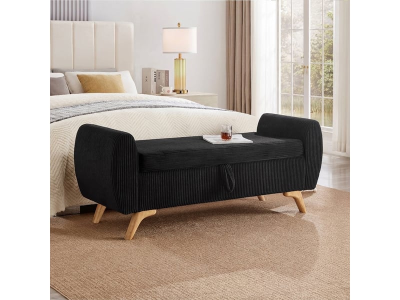  Banc de rangement noir 145 cm en velours côtelé avec coffre et pieds en bois  - Conforama D
