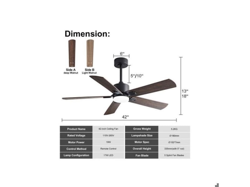  Plafonnier ventilateur 106 cm, avec lumière led, télécommande, silencieux, moteur dc, 6 vitesses, noir et noyer  - Conforama C