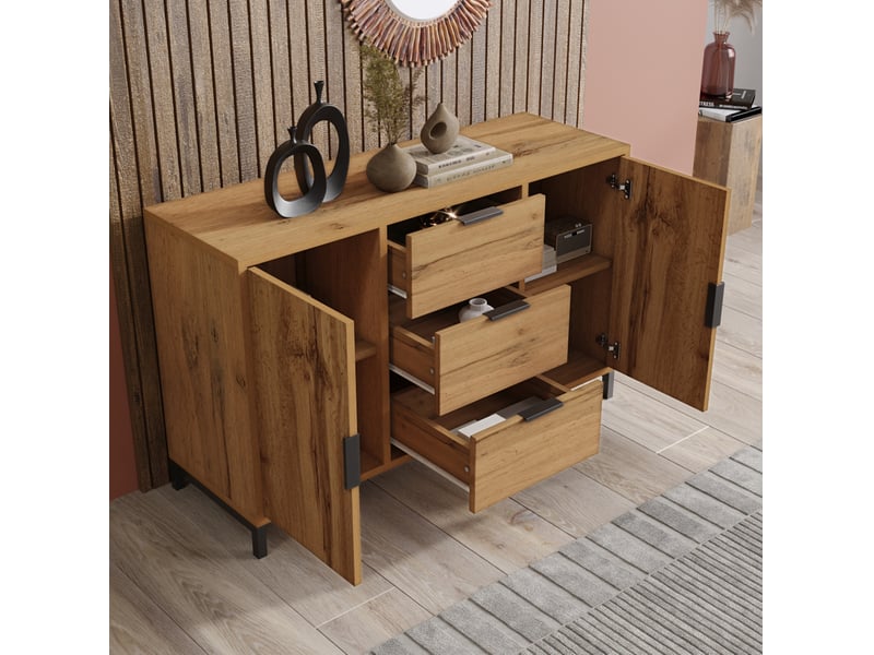 Buffet 120x40x76 cm, 2 portes et 3 tiroirs, coloris chêne foncé - Conforama D
