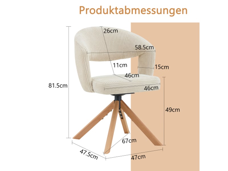  2 chaises pivotantes rétro luxe en velours écru à rayures verticales, pieds bois massif, rotation 360° silencieuse  - Conforama C