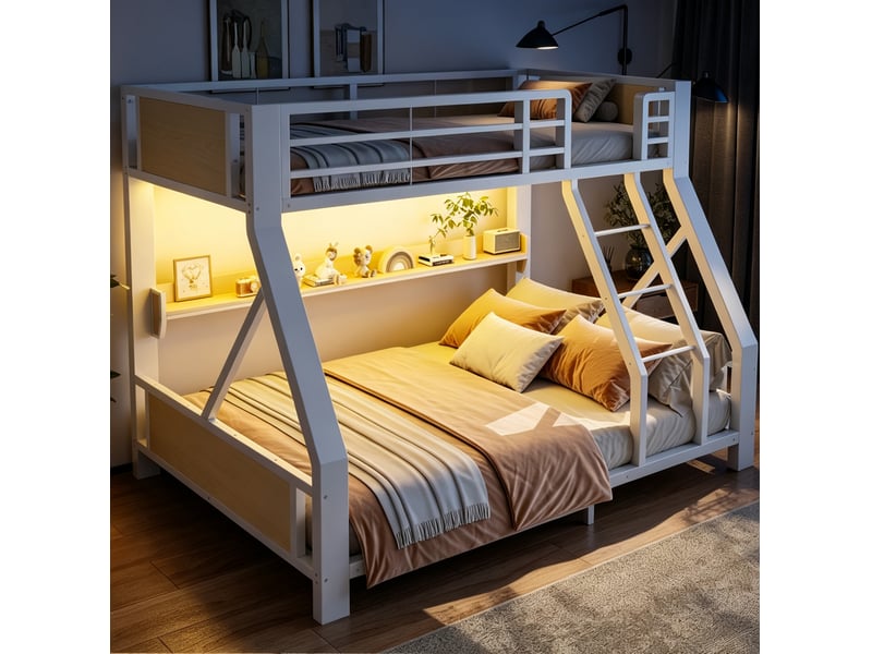  Lit superposé modenvie 90 x 200 cm et 140 x 200 cm avec étagère et led blanc  - Conforama E
