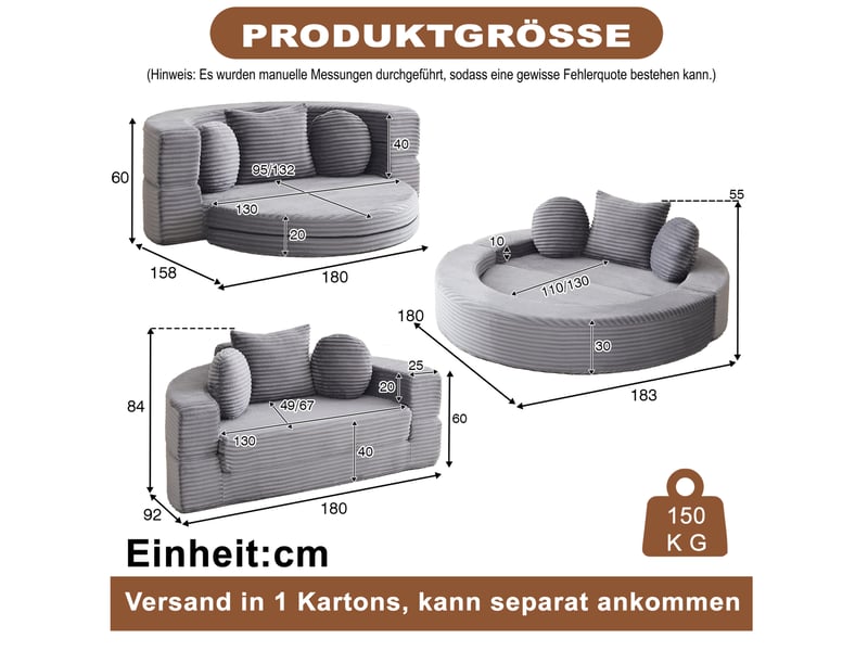  Canapé convertible 4 en 1 compressé, 180x92x84 cm en mousse confort et velours côtelé couleur gris, simple  - Conforama C