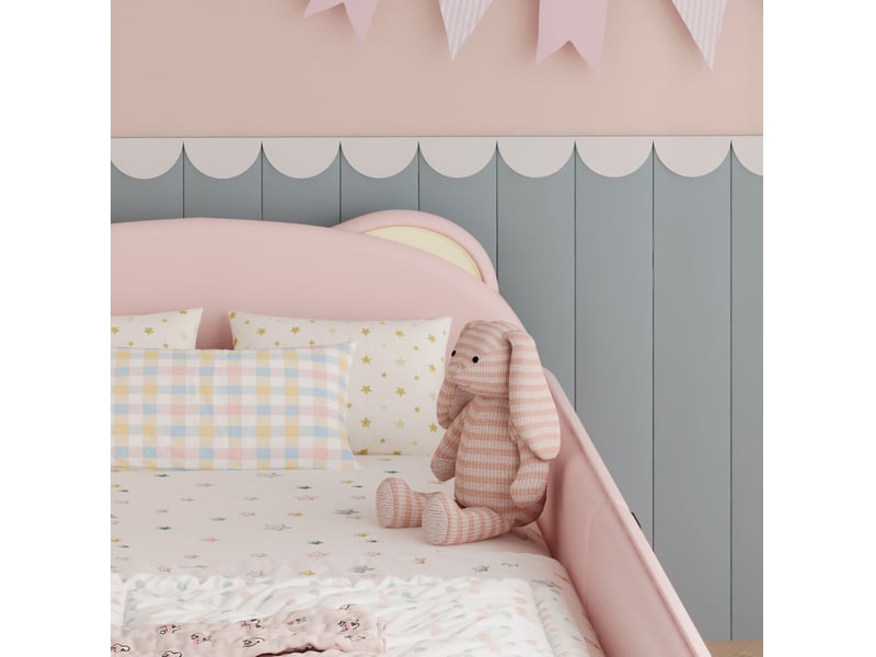  Lit simple enfant 90x200 cm – rose – tête de lit ours, chevet à 2 tiroirs, bords rembourrés – sans matelas  - Conforama E