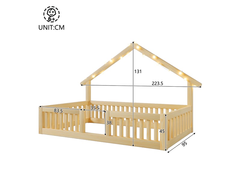  Lit cabane modenvie 90 x 200 cm avec led, sécurité avec barrière, naturel, mdf et pin  - Conforama C