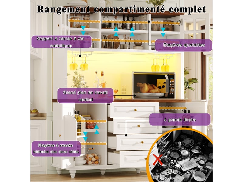  Buffet haut, coloris blanc, 140 × 40 × 179,5 cm, mdf, métal et pieds en hévéa, led rgb, porte-verres métal, 4 tiroirs  - Conforama C