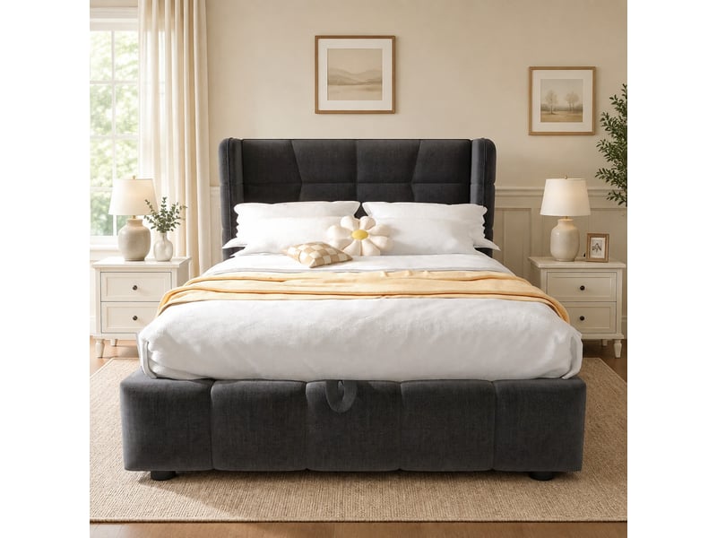  Lit coffre 90x200 cm avec rangement en tissu gris  - Conforama D