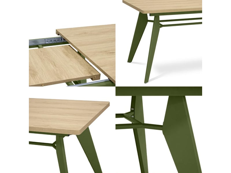  Table à manger extensible 140180cm pieds métal kaki et plateau finition chêne meloe MELOE - Conforama D
