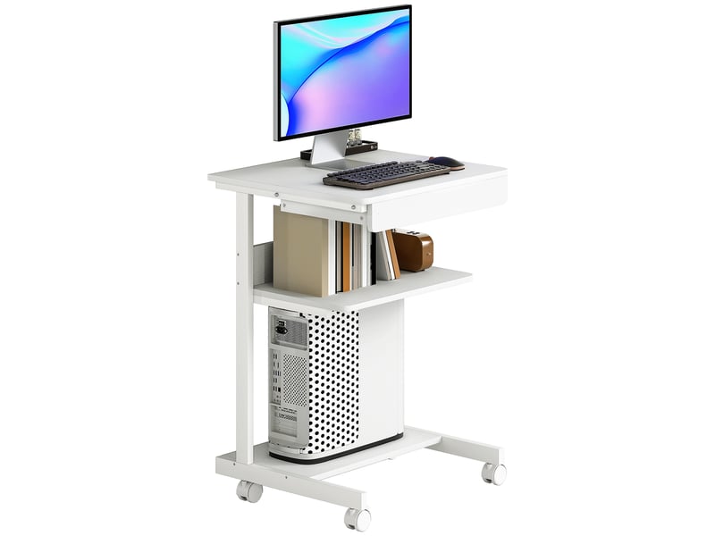 Bureau d'ordinateur sur roues blanc, bureau compact avec tiroir pour rangement, table informatique mobile avec support cpu pour petit espace