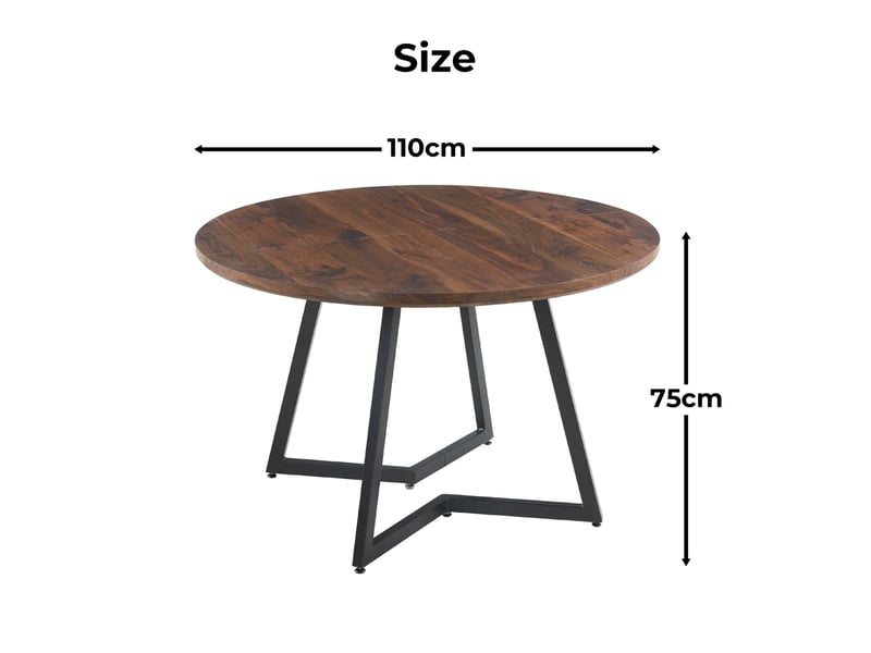 Table de salle à manger ronde ø110 cm, 75 cm h, plateau mdf noyer, pieds métal, design fixe, moderne et stable, élégant - Conforama C