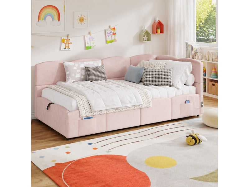  Lit coffre 90x200 cm avec ports usb et poches de rangement en velours rose  - Conforama D