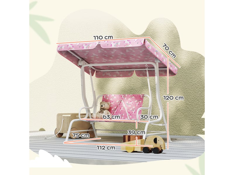  Balançoire de jardin pour enfants, 2 places, auvent réglable, ceintures de sécurité, motif licorne arc-en-ciel rose  - Conforama D