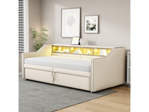 Canapé-lit rembourré extensible - 90180 x 200 cm - compartiment de rangement multifonctionnel - lumière led - prise usb - toile de jute
