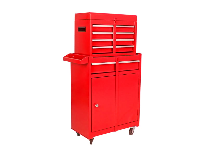 Armoire à outils mobile 58,5 x 28 x 102 cm rouge en acier, rangement à tiroirs, portes et roulettes - Conforama C