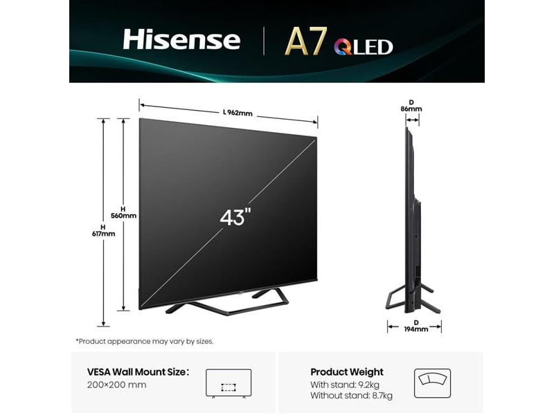 Téléviseur hisense 43a7q qled 4k 43 pouces vidaa u 8.5 hdmi 2.1 dolby vision dolby atmos  - Conforama D