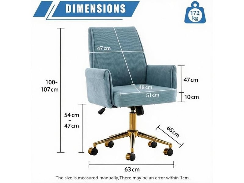 Chaise de bureau ergonomique avec soutien lombaire et accoudoirs, en velours côtelé bleu, base métallique dorée - Conforama D