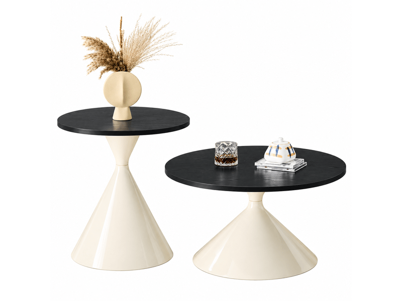 Lot de 2 tables basses sablier, plateau effet bois noir, pied métal crème, empilables, gain de place - Conforama A