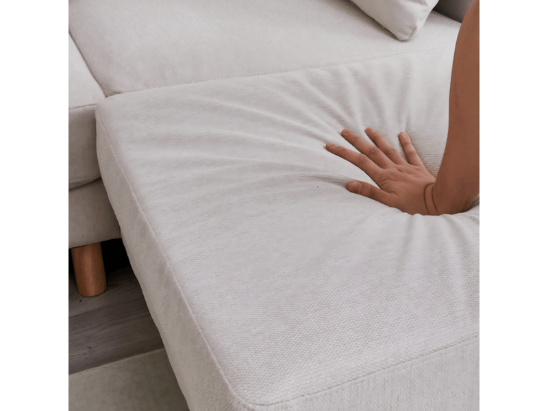  Canapé d'angle modulable 3 places avec pouf, tissu polyester beige, structure bois massif, design nordique moderne pour salon  - Conforama E