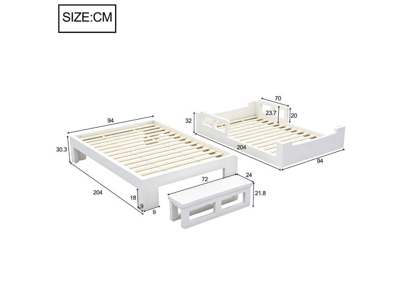  Lit enfant transformable 90x200 cm, lit bas ou surélevé avec barrières, banc de pied et sommier à lattes, pin et mdf, blanc OPULERANE TRADING LTD - Conforama C