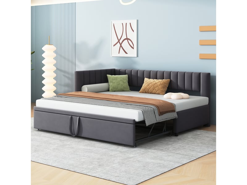 Lit gigogne, lit enfant 180x200 cm, tissu en velours, sans matelas, gris foncé - Conforama B