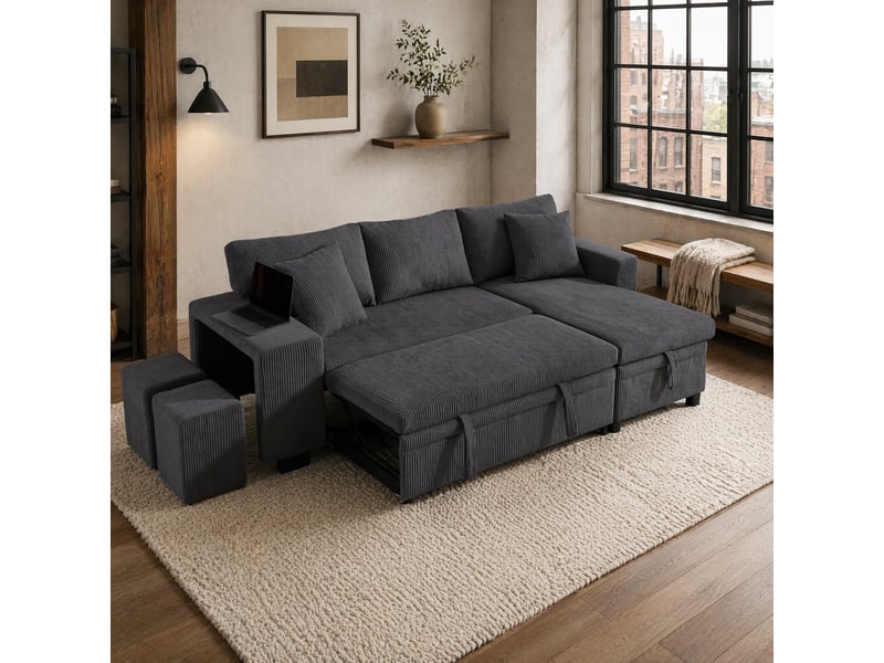 Canapé d'angle convertible modenvie 3 places gris en velours côtelé avec rangement usb type-c 231 x 131,5 x 84 cm - Conforama D