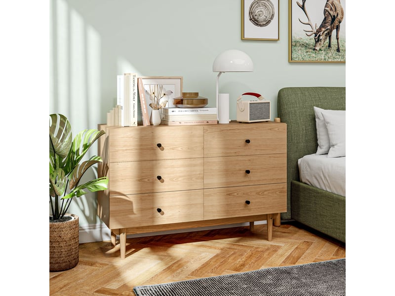  Commode 6 tiroirs meuble de rangement pieds en bois massif 120 x 40 x 80 cm clair marron  - Conforama D