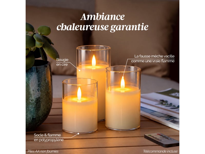 Lot de 3 bougies à led, flamme vacillante, luminosité réglable - minuterie 2, 4, 6, 8h - transparent  - Conforama C