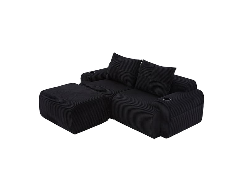  Canapé modulable 2 places 200x174x80 cm poche latérale porte-gobelet incorporé velours côtelé noir  - Conforama A