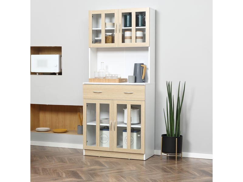 Buffet haut de cuisine vaisselier 4 portes vitrées avec tiroir et grand plateau rangement blanc et chêne clair T1003-01-07538 - Conforama E