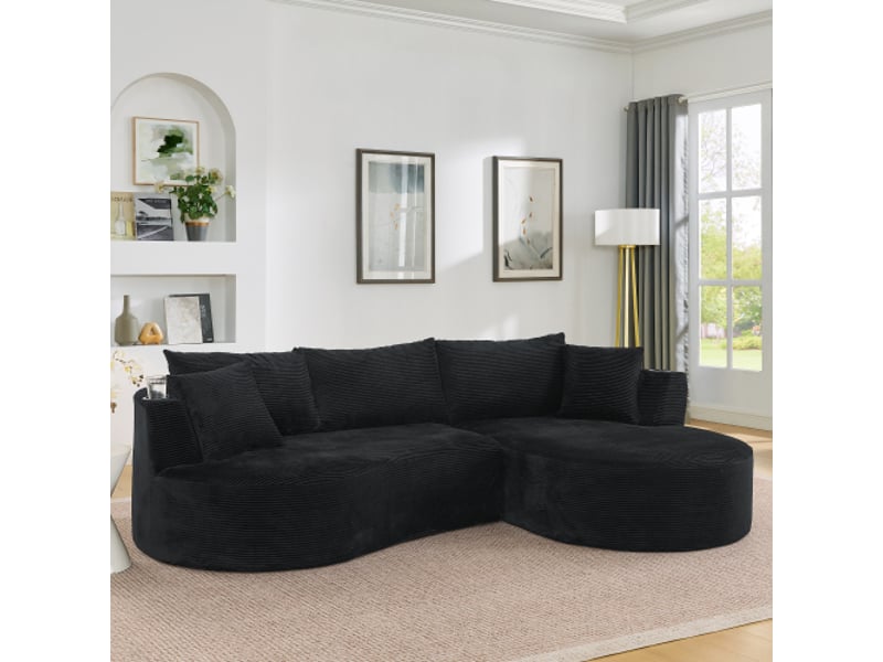  Canapé d'angle 3 places avec design arrondi, porte-gobelets et coussins, pour salon, en tissu côtelé noir  - Conforama B