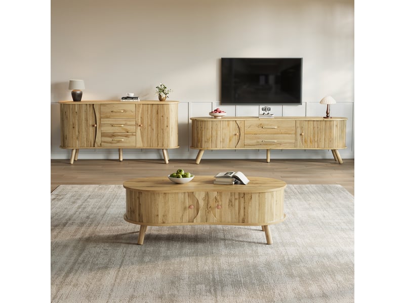 Ensemble de salon 3 pièces comprenant table basse buffet et meuble tv en forme de haricot avec portes coulissantes - Conforama B