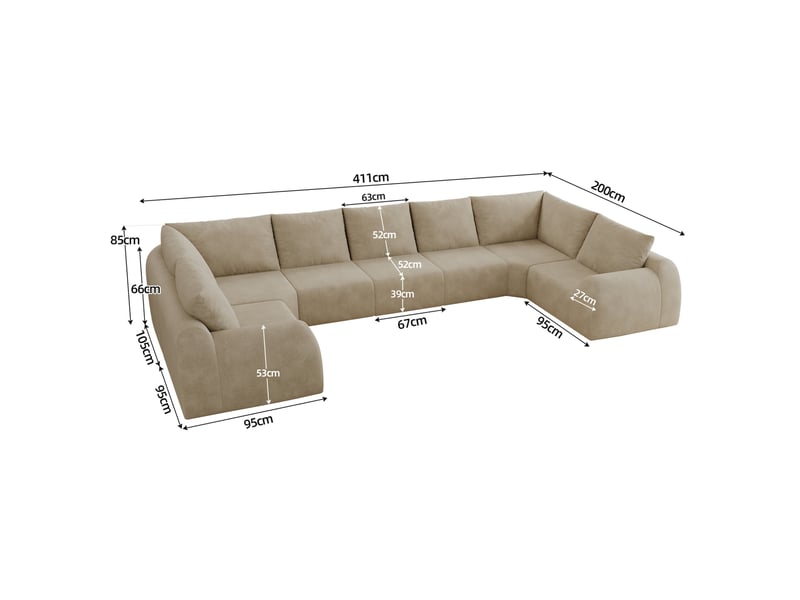  Canapé en u modenvie 7 places 411 x 200 x 85 cm en tissu chenille kaki avec mousse haute élasticité  - Conforama C