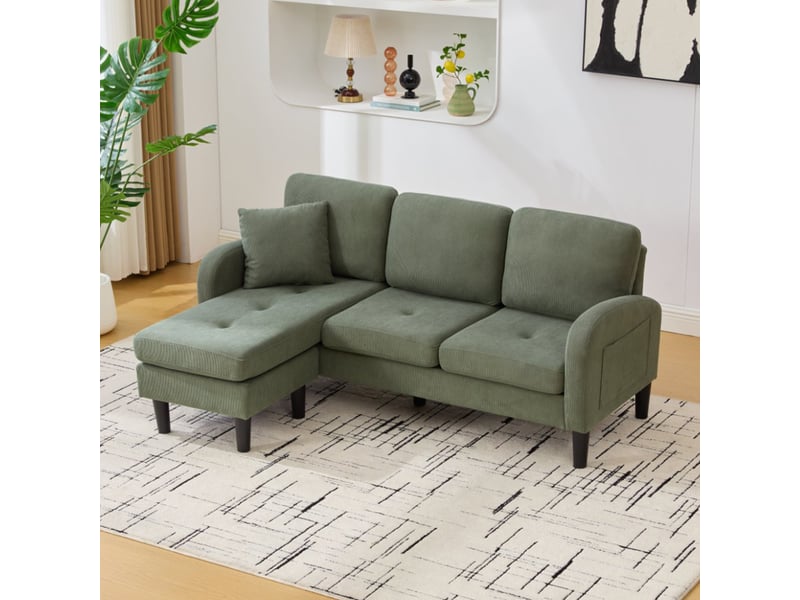  Canapé d'angle avec méridienne 3 places velours côtelé vert 166 cm - modulable réversible  - Conforama E