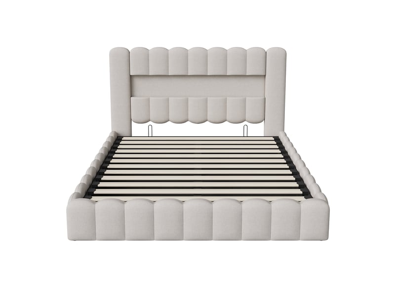  Lit coffre capitonné 160x200 cm, lit 2 places avec sommier, led et usb, rangement et tête de lit, lit adulte en lin, beige  - Conforama R