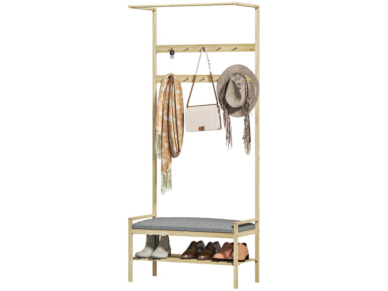  Porte-manteau avec banc à chaussures, crochets à chaussures et compartiment de rangement pour l'entrée, 73,5 x 34 x 171 cm, gris et naturel  - Conforama B