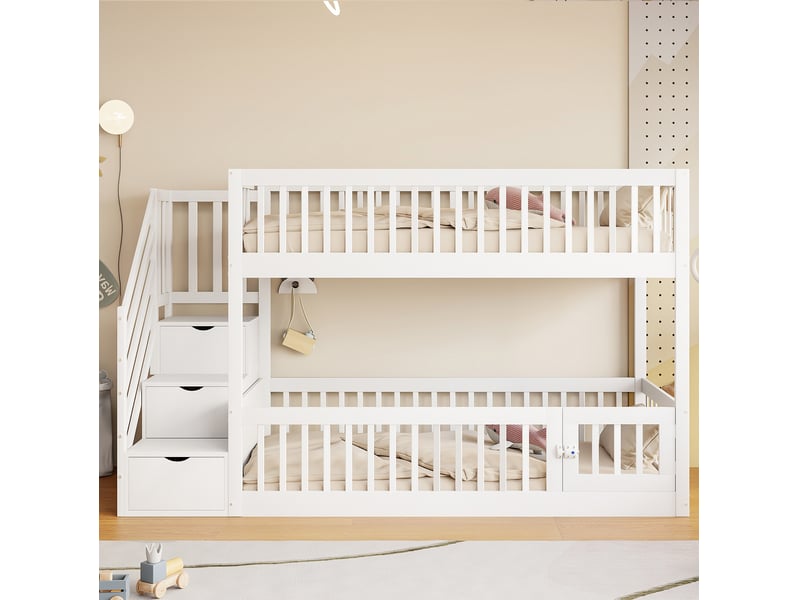  Lit superposé, 90x200 cm, mobilier enfant, barrières de sécurité, 1 sommier, matelas non inclus, bois, coloris blanc  - Conforama D