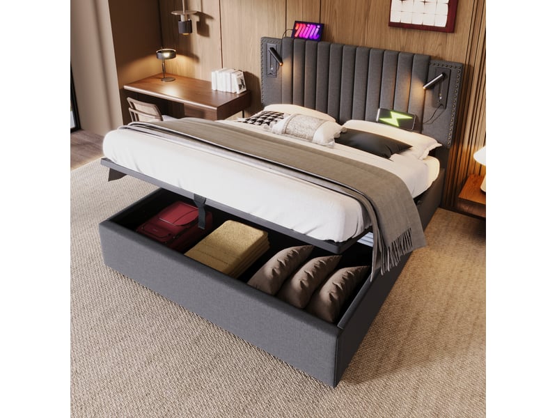 Lit coffre 160 × 200 cm 2 places avec led, usb, type-c, rangement, matelas inclus, tissu gris - Conforama C