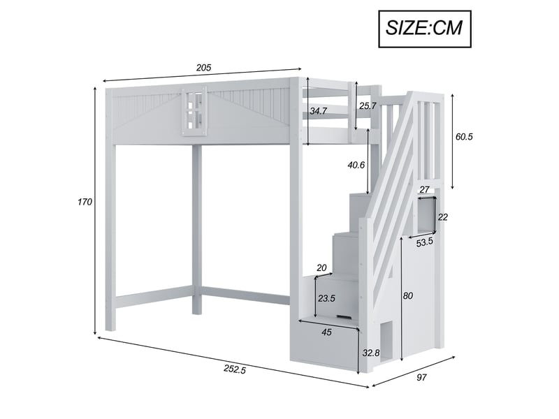 Lit mezzanine 90 x 200 cm avec escalier réversible et rangements, gris - Conforama C