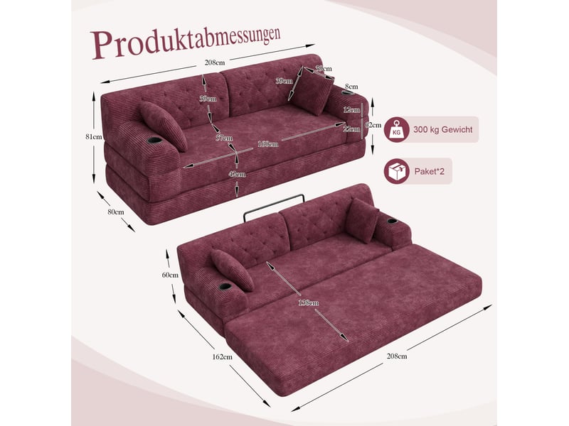 Canapé convertible compressé 3 places en velours côtelé rouge bordeaux avec porte-gobelets - Conforama C