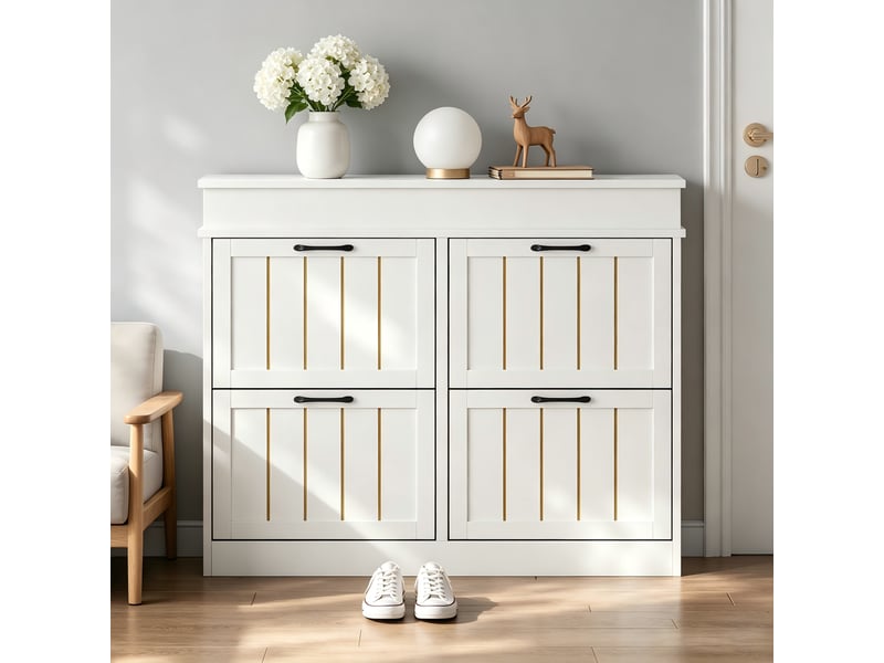  Meuble à chaussures blanc en mdf, rangement gain de place à 4 portes abattantes et 8 compartiments pour entrée, 105 x 24 x 83 cm  - Conforama D