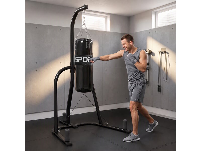 Support pour sac de frappe, support autoportant avec sac de frappe, cordon élastique, chaîne 360°, base en u, porte-disques, acier  - Conforama D